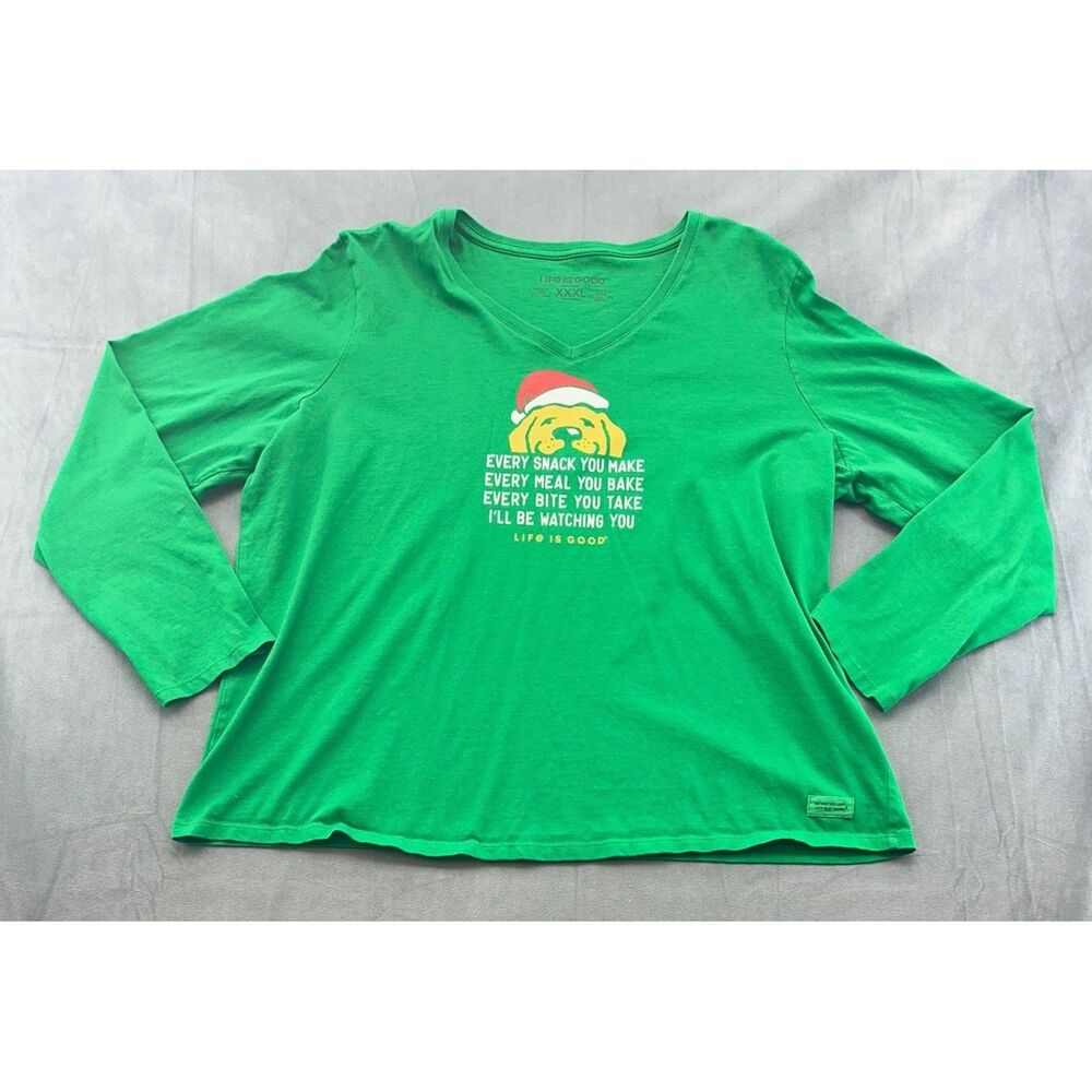 Life Is Good Womens XXXL Green Christmas Dog Graphic VNeck Crusher Tee Shirt